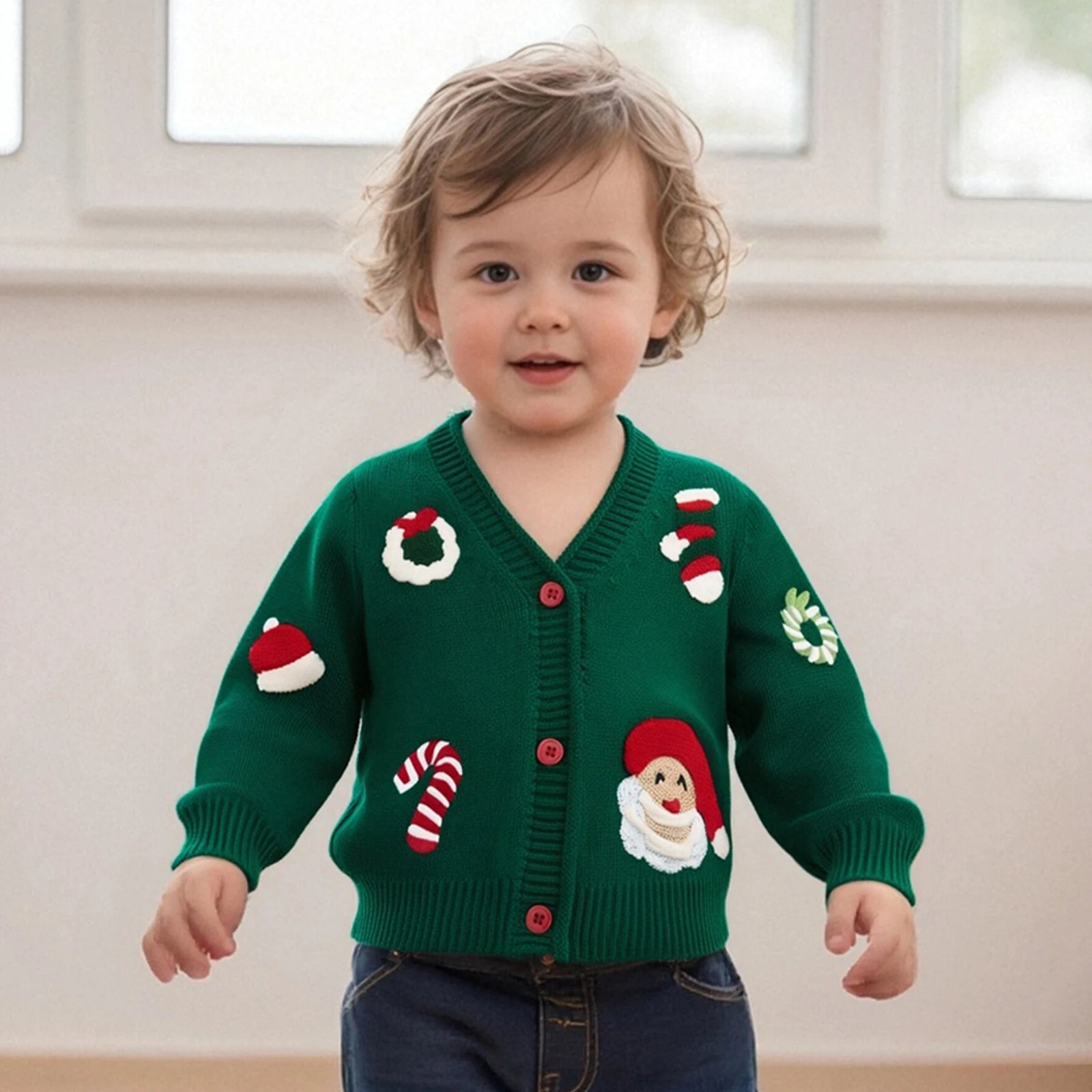 Toddler Baby Christmas Cardigan Sweater Santa Candy Cane Wreath Button Down V Neck Long Sleeve Knitted Tops