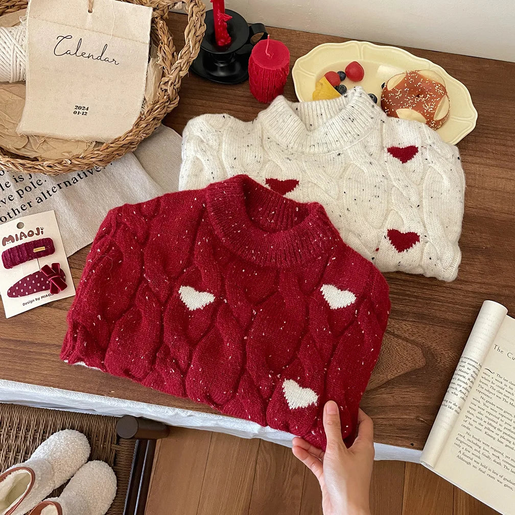 Girls Winter Red Thickened Love Sweater Winter New Baby Girl Korean Style Pullover Sweater Christmas Clothes With Tutu Dress