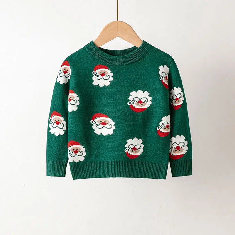2025 Kids Boys Girls Pullover Christmas Sweater Winter Autumn Clothes Print Cute Cartoon Plush Green Warm Children Clothing 2-7Y