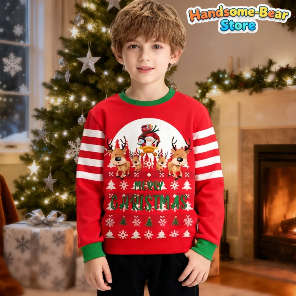 Merry Christmas Kids Sweatshirts Snowman Graphic Sweatshirts Unisex Pullover Hoodies for Boys Clothes Santa Claus Cartoon Tops