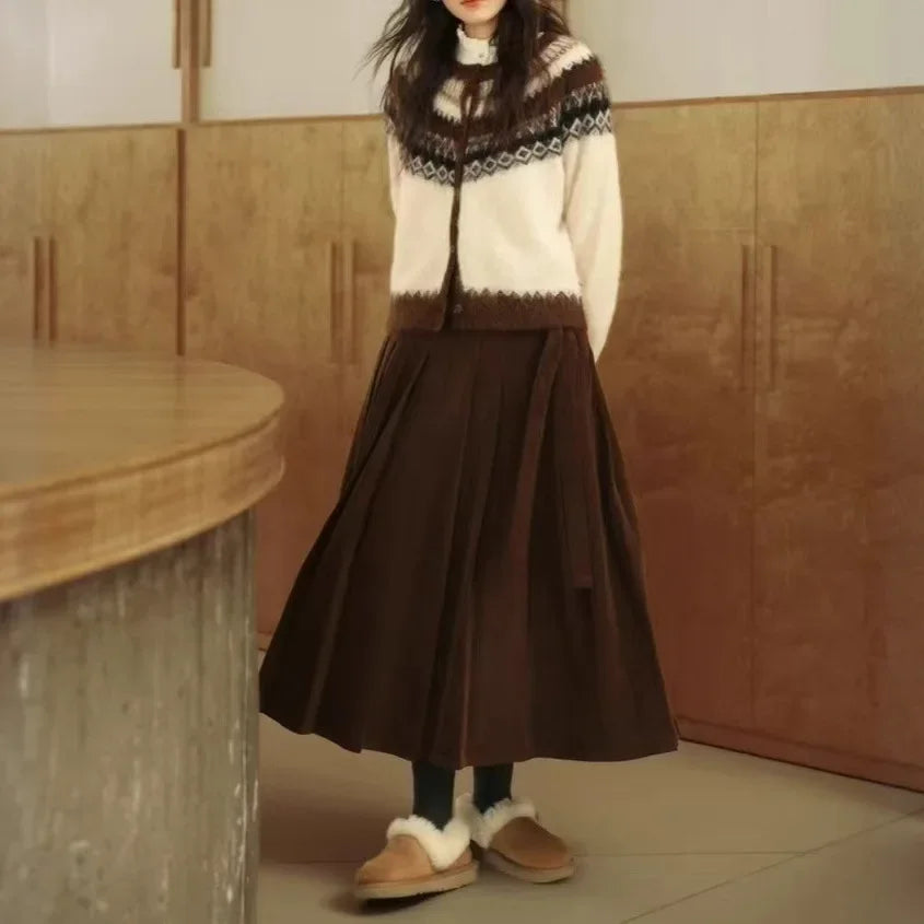 Retro Nordic Style Alpaca Wool Sweater Crew Neck Full Sleeve Vintage Artistic Design Open Cardigan Women's Fashion Top