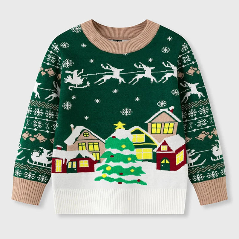 2025 Kids Boys Girls Pullover Christmas Sweater Winter Autumn Clothes Print Cute Cartoon Plush Green Warm Children Clothing 2-7Y