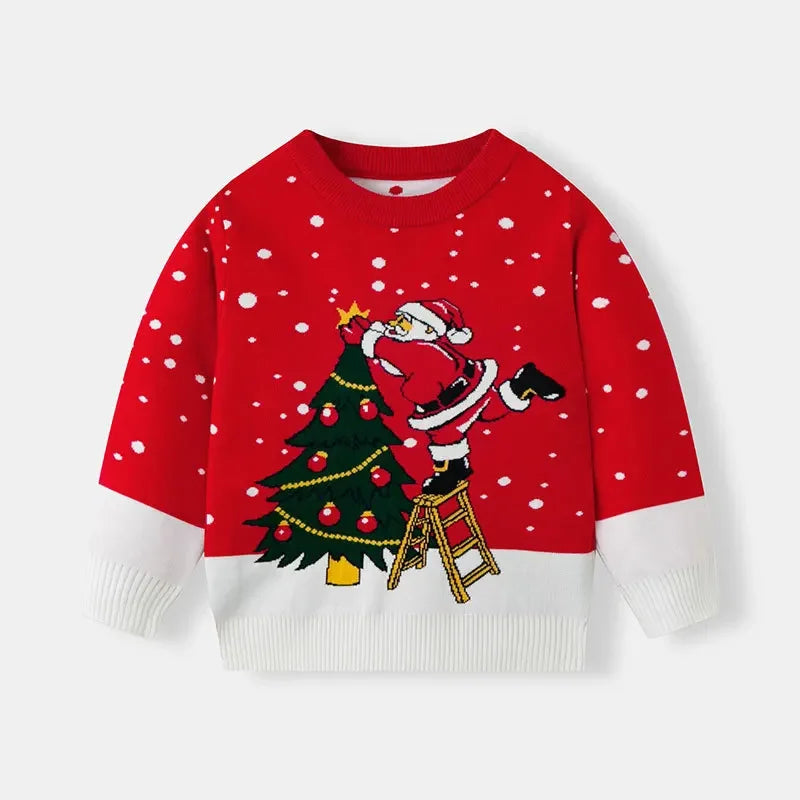 Boys Girls Knit Sweatshirts Xmas Print Pullover Kids Christmas Sweaters Cartoon Deer Clothes Autumn Winter Warm Clothes Knitwear