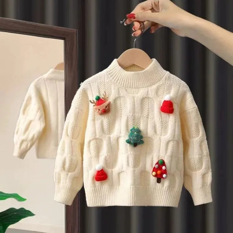 2024 Winter Christmas Knitted Sweater Children Fashion Lovely Festival Sweaters Warm Versatile Outdoor Clothes Sueter Navideño