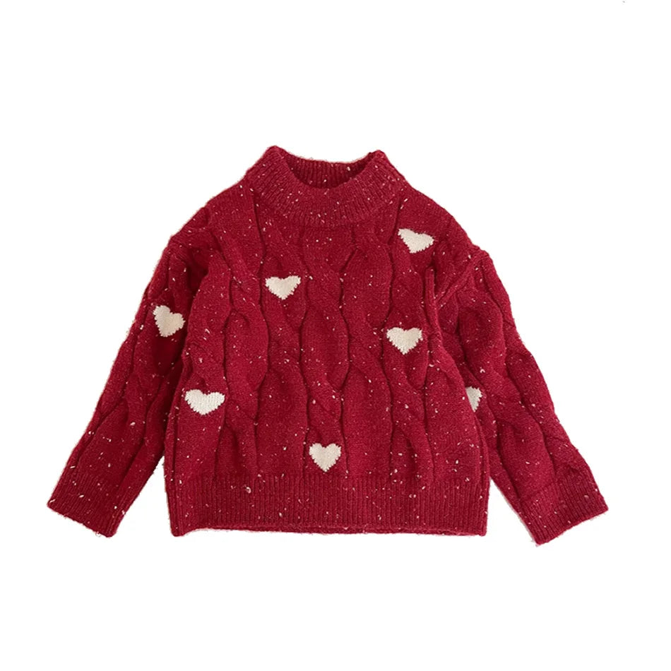 Girls Winter Red Thickened Love Sweater Winter New Baby Girl Korean Style Pullover Sweater Christmas Clothes With Tutu Dress