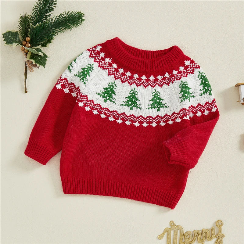 Newborn Baby Girl Boy Knitted Long Sleeve Autumn Winter Sweater Tree Print Pullover Casual Tops Kids Christmas Clothes 0-5Y