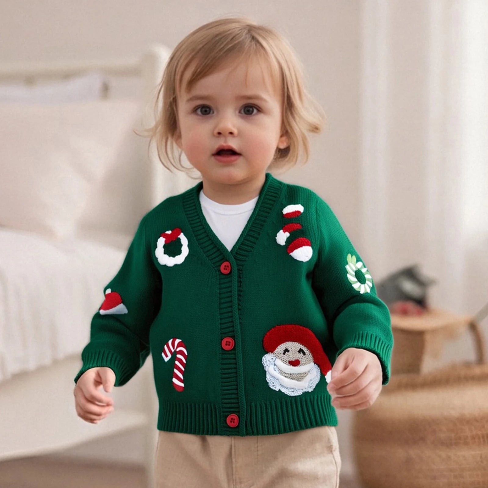 Toddler Baby Christmas Cardigan Sweater Santa Candy Cane Wreath Button Down V Neck Long Sleeve Knitted Tops