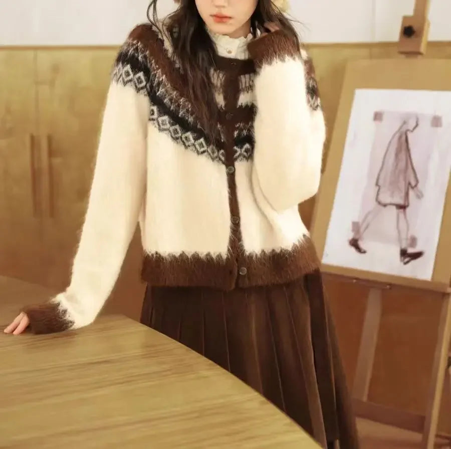 Retro Nordic Style Alpaca Wool Sweater Crew Neck Full Sleeve Vintage Artistic Design Open Cardigan Women's Fashion Top