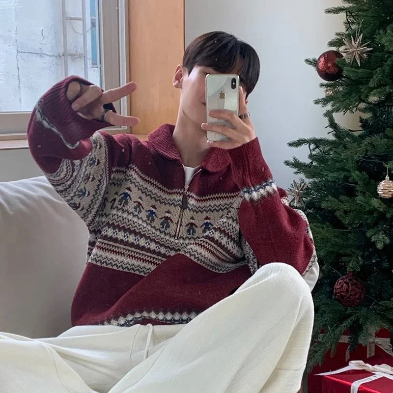 Winter Fair Isle Half Zip Polo Neck Sweaters For Men Y2K Vintage Christmas Knitted Pullovers 2025 New Red Knitwear Man jersey