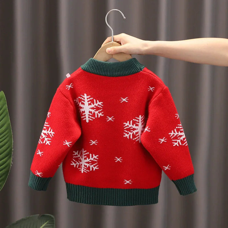Christmas Warm Sweaters Kids Xmas Print Pullover Trendy Boys Girls Cartoon Snowflake Knitwear Winter Children's Knit Tops 2-6Y