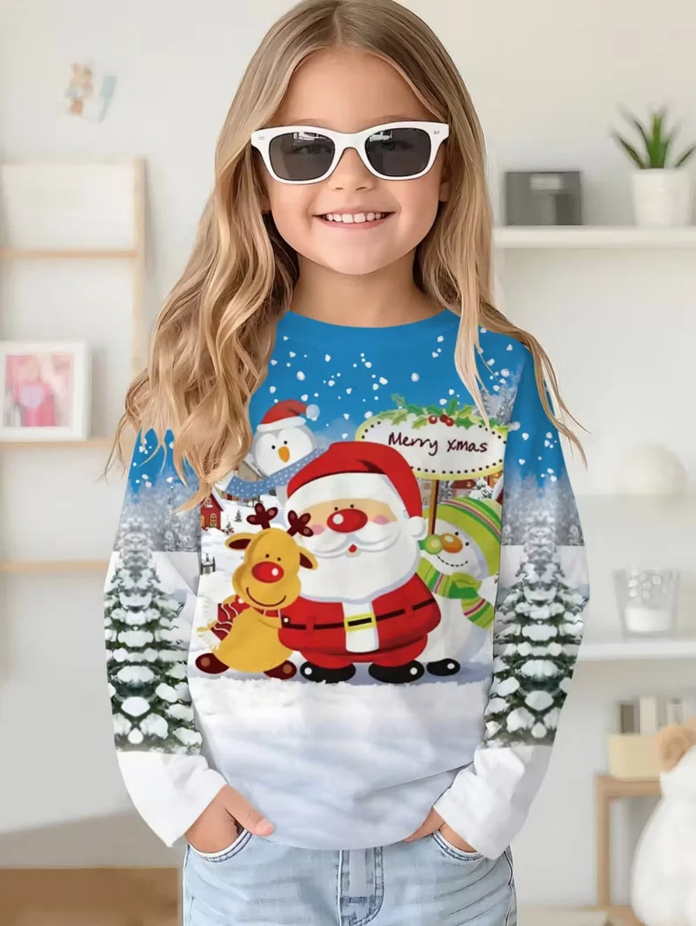 Christmas Kids T-Shirt Santa Claus 3D Print Boys Girls Autumn Long Sleeve Tee Outdoor Holiday Party Cartoon Children's Clothing