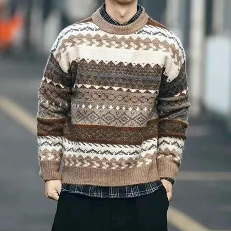 Vintage Style Sweaters Mens Fall Winter Christmas Graphic Crochet Knit Jumpers Mens Fashion Long Sleeve Crew Neck Knitted Tops