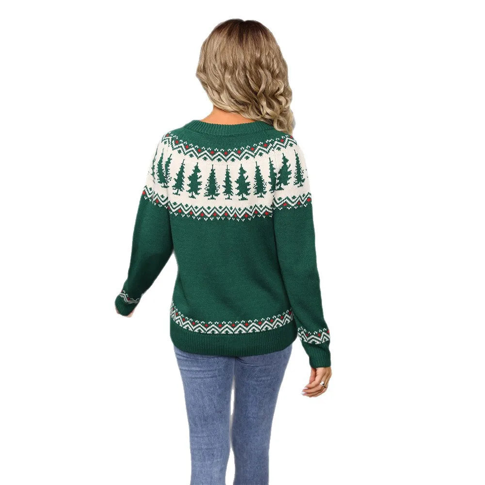 2025 Winter New Christmas Sweater Womens Round Neck Jacquard Tree Green Knitwear Holiday Party Pullover