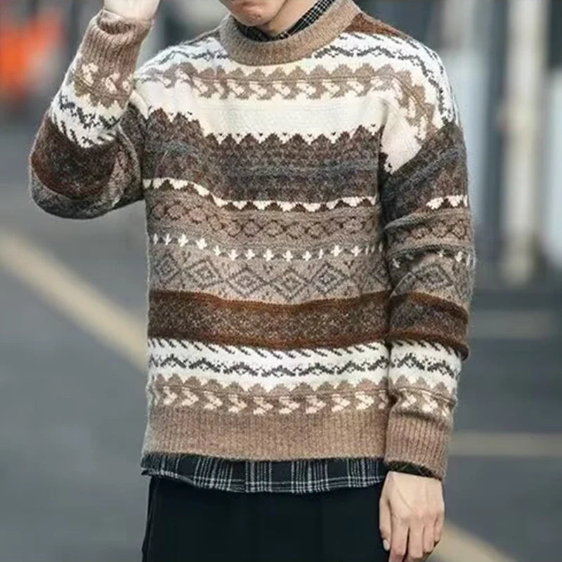 Vintage Style Sweaters Mens Fall Winter Christmas Graphic Crochet Knit Jumpers Mens Fashion Long Sleeve Crew Neck Knitted Tops