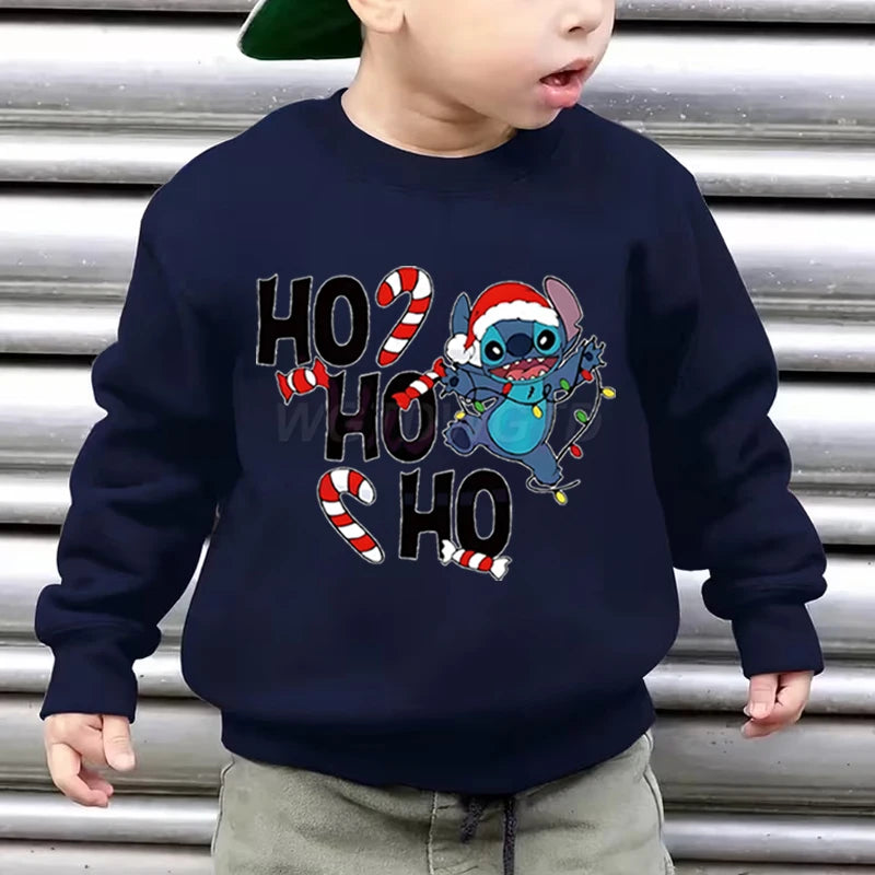 Merry Christmas Clothes Child Girl Boy Stitch Kawaii Cartoon Sweatshirt Ho Ho Ho Christmas Lights Sportswear Children's Clothing