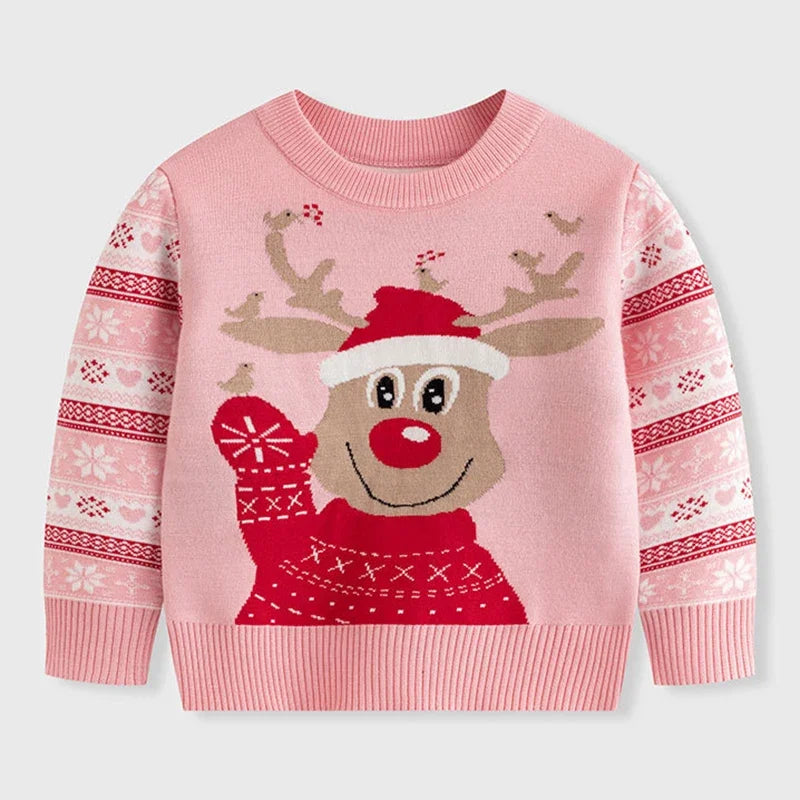 Boys Girls Knit Sweatshirts Xmas Print Pullover Kids Christmas Sweaters Cartoon Deer Clothes Autumn Winter Warm Clothes Knitwear
