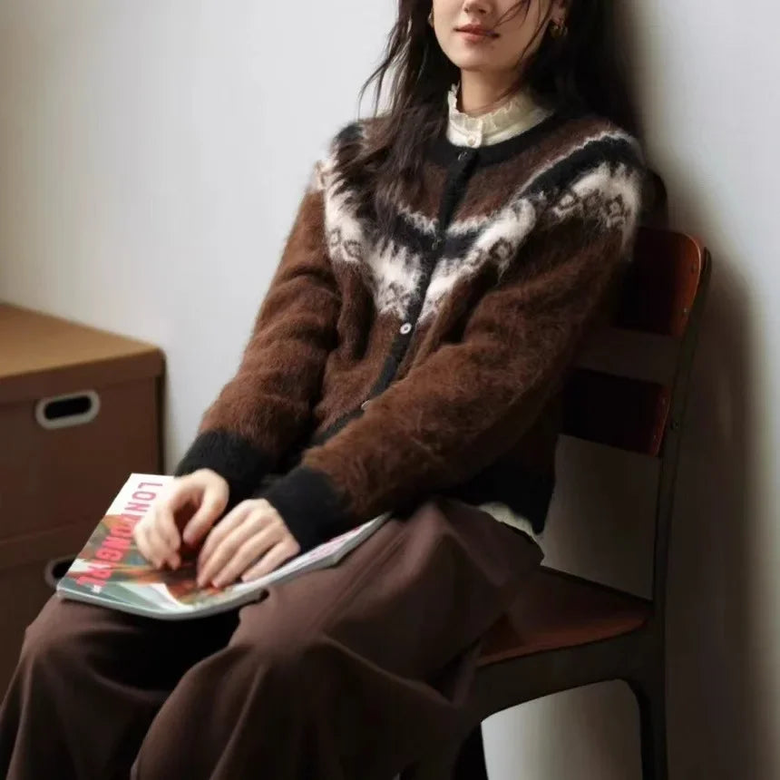 Retro Nordic Style Alpaca Wool Sweater Crew Neck Full Sleeve Vintage Artistic Design Open Cardigan Women's Fashion Top