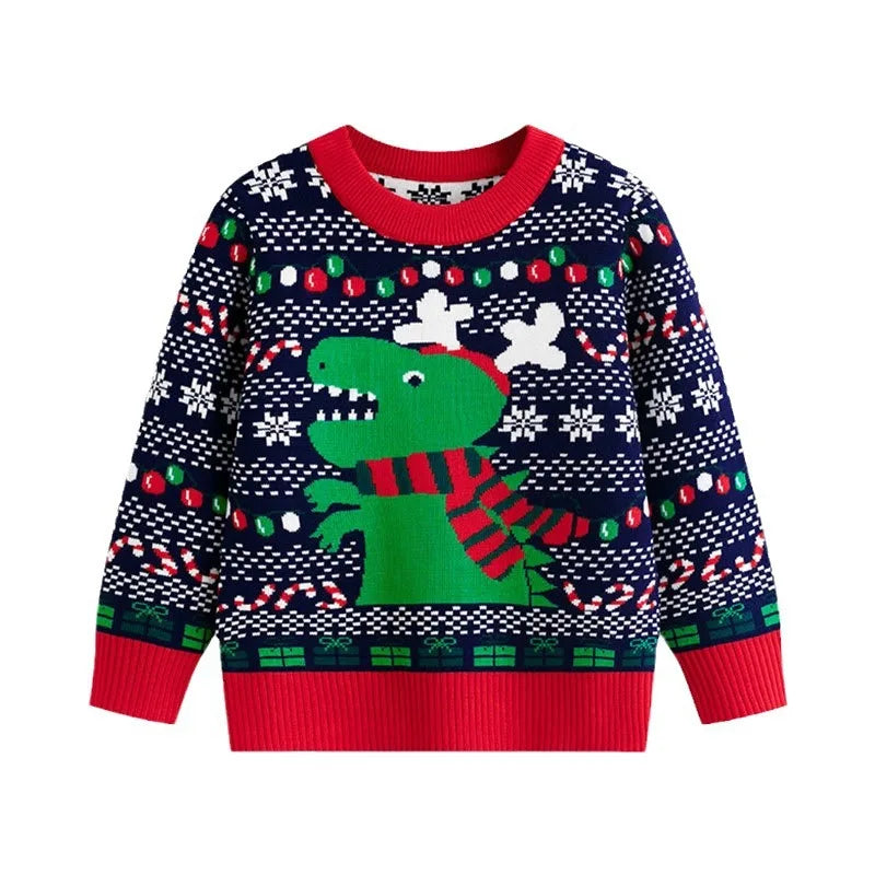 2025 Kids Boys Girls Pullover Christmas Sweater Winter Autumn Clothes Print Cute Cartoon Plush Green Warm Children Clothing 2-7Y