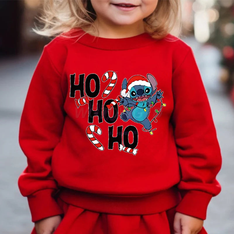 Merry Christmas Clothes Child Girl Boy Stitch Kawaii Cartoon Sweatshirt Ho Ho Ho Christmas Lights Sportswear Children's Clothing