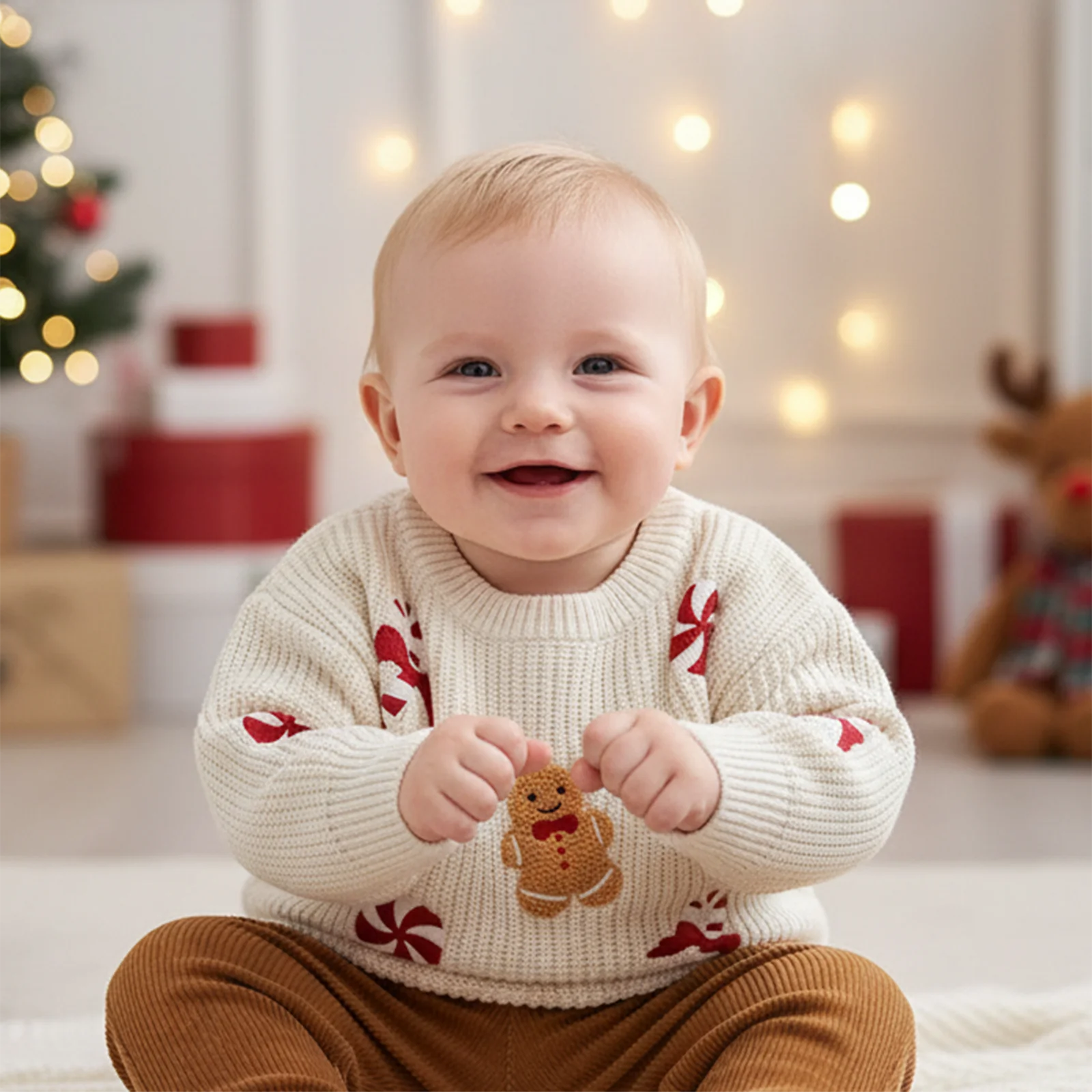 FOCUSNORM 0-3Y Infant Baby Boys Girls Christmas Sweater Candy Gingerbread Man Embroidered Ribbed Long Sleeve Knitted Tops