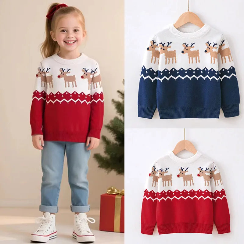 Christmas Boys Girls Sweater Kids Cartoon Print Pullover Children Cotton Warm Knitwear Autumn Toddler Winter Clothing 2-6 Years
