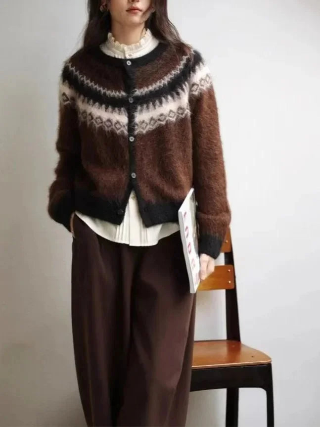 Retro Nordic Style Alpaca Wool Sweater Crew Neck Full Sleeve Vintage Artistic Design Open Cardigan Women's Fashion Top