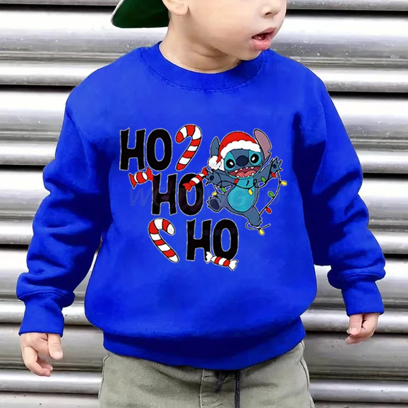 Merry Christmas Clothes Child Girl Boy Stitch Kawaii Cartoon Sweatshirt Ho Ho Ho Christmas Lights Sportswear Children's Clothing