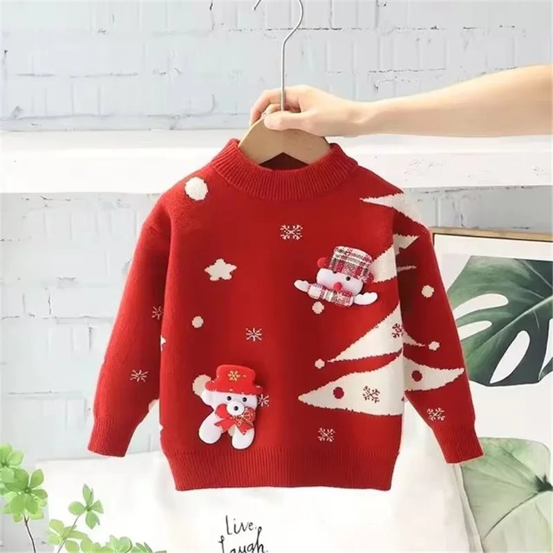 New Kids Christmas Sweaters Winter Girls Print Knit Clothes Children Xmas Cotton Pullover Autumn Warm Knitwear Tops 1-6 Years