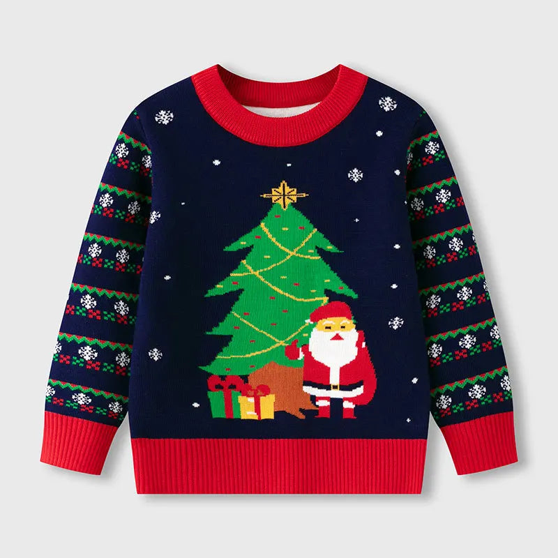 2025 Kids Boys Girls Pullover Christmas Sweater Winter Autumn Clothes Print Cute Cartoon Plush Green Warm Children Clothing 2-7Y