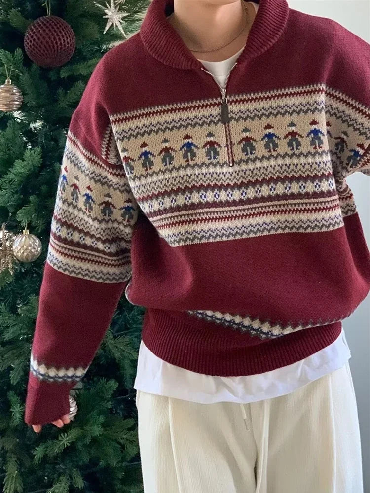 Winter Fair Isle Half Zip Polo Neck Sweaters For Men Y2K Vintage Christmas Knitted Pullovers 2025 New Red Knitwear Man jersey