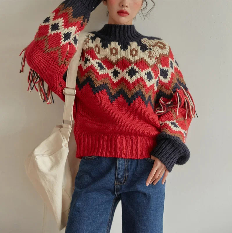 TEELYNN Long Sleeve Autumn Winter Warm Christmas Sweater Vintage Red Jacquard Knit Sweaters Women Boho Tassle Jumper Pullover