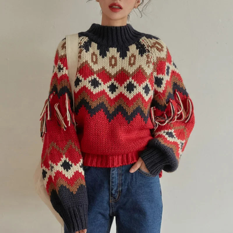 TEELYNN Long Sleeve Autumn Winter Warm Christmas Sweater Vintage Red Jacquard Knit Sweaters Women Boho Tassle Jumper Pullover