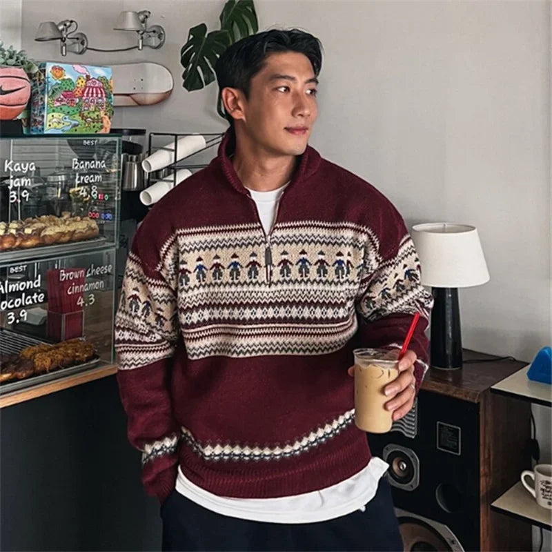Winter Fair Isle Half Zip Polo Neck Sweaters For Men Y2K Vintage Christmas Knitted Pullovers 2025 New Red Knitwear Man jersey