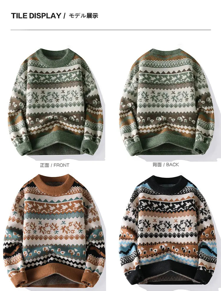 2026 Christmas Sweater Reindeer Pattern Long Sleeve Crew Neck Xmas Holiday Pullover Knitwear Sweater Man Jumper Pullove