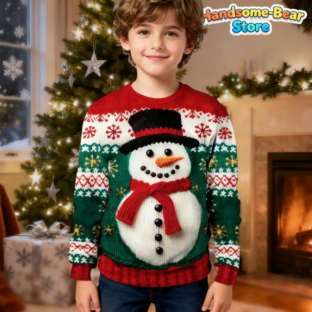 Merry Christmas Kids Sweatshirts Snowman Graphic Sweatshirts Unisex Pullover Hoodies for Boys Clothes Santa Claus Cartoon Tops