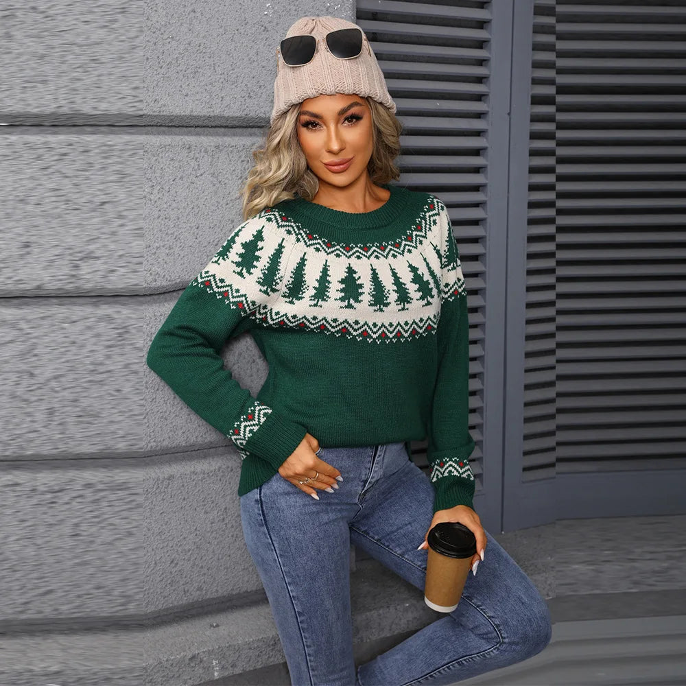2025 Winter New Christmas Sweater Womens Round Neck Jacquard Tree Green Knitwear Holiday Party Pullover