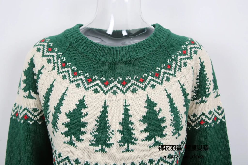 2025 Winter New Christmas Sweater Womens Round Neck Jacquard Tree Green Knitwear Holiday Party Pullover