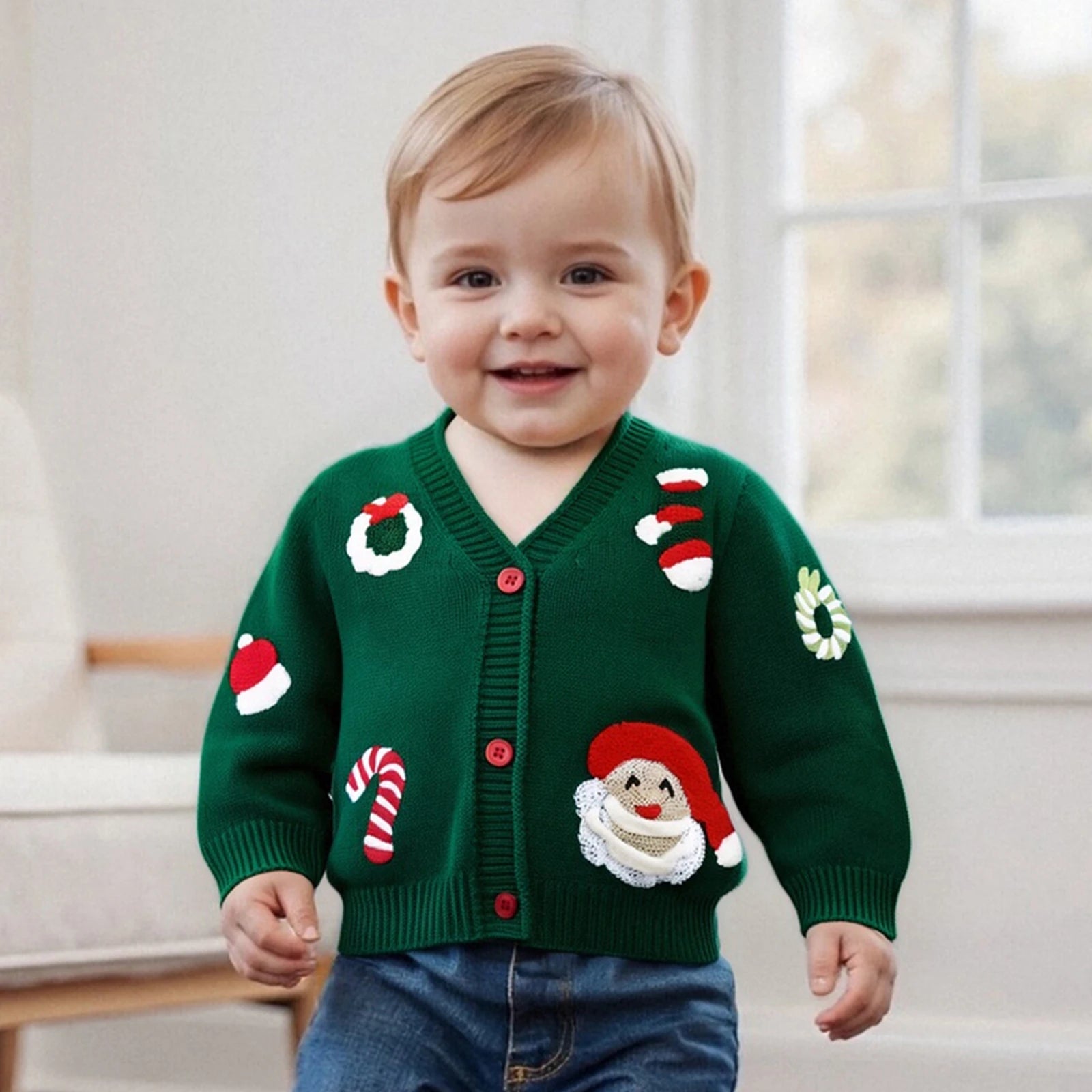 Toddler Baby Christmas Cardigan Sweater Santa Candy Cane Wreath Button Down V Neck Long Sleeve Knitted Tops