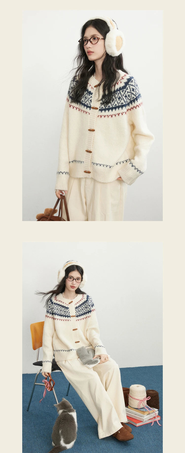 Retro Red Christmas Jacquard Sweater For Women 2025 Autumn/Winter New Collection With Horn Button Design Round Neck Cardigan