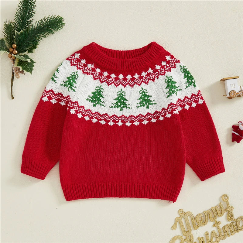 Newborn Baby Girl Boy Knitted Long Sleeve Autumn Winter Sweater Tree Print Pullover Casual Tops Kids Christmas Clothes 0-5Y