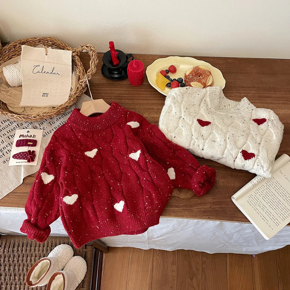 Girls Winter Red Thickened Love Sweater Winter New Baby Girl Korean Style Pullover Sweater Christmas Clothes With Tutu Dress