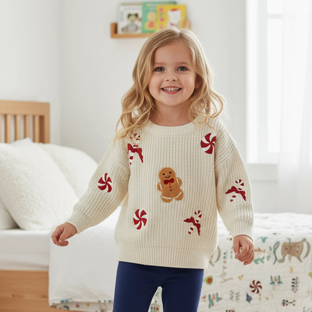 FOCUSNORM 0-3Y Infant Baby Boys Girls Christmas Sweater Candy Gingerbread Man Embroidered Ribbed Long Sleeve Knitted Tops