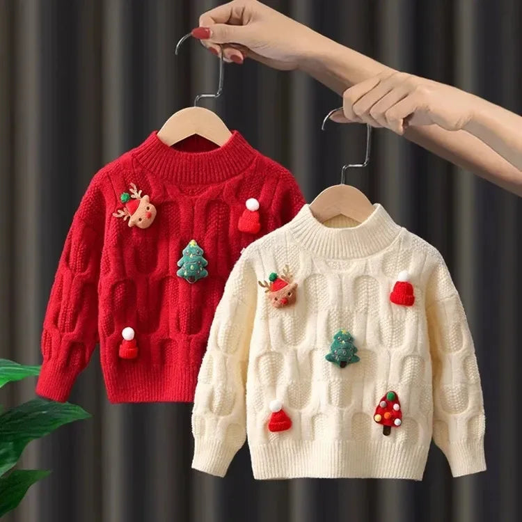 2024 Winter Christmas Knitted Sweater Children Fashion Lovely Festival Sweaters Warm Versatile Outdoor Clothes Sueter Navideño