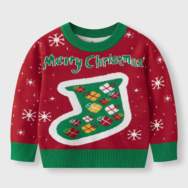 2025 Kids Boys Girls Pullover Christmas Sweater Winter Autumn Clothes Print Cute Cartoon Plush Green Warm Children Clothing 2-7Y