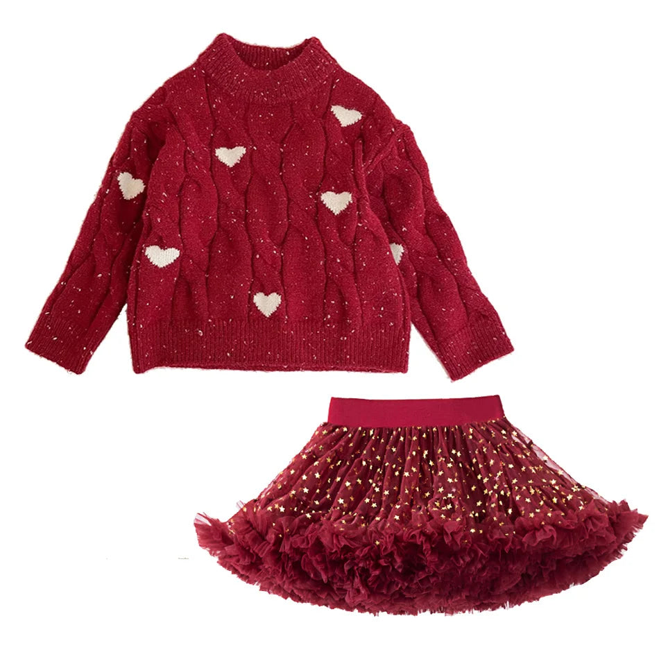 Girls Winter Red Thickened Love Sweater Winter New Baby Girl Korean Style Pullover Sweater Christmas Clothes With Tutu Dress
