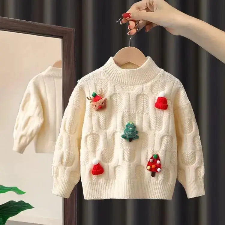 2024 Winter Christmas Knitted Sweater Children Fashion Lovely Festival Sweaters Warm Versatile Outdoor Clothes Sueter Navideño