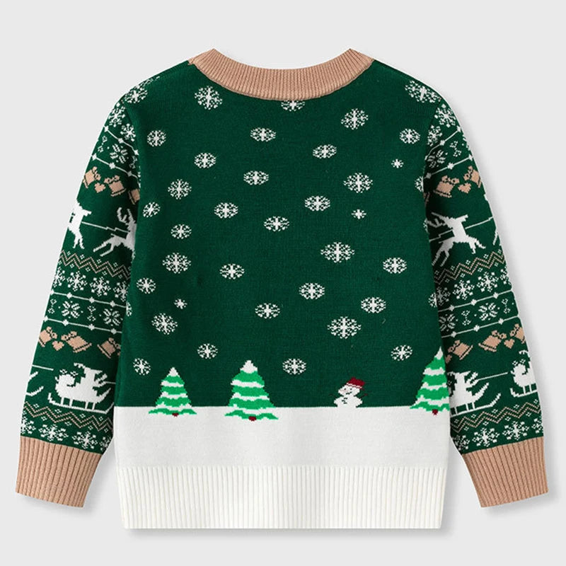 2025 Kids Boys Girls Pullover Christmas Sweater Winter Autumn Clothes Print Cute Cartoon Plush Green Warm Children Clothing 2-7Y