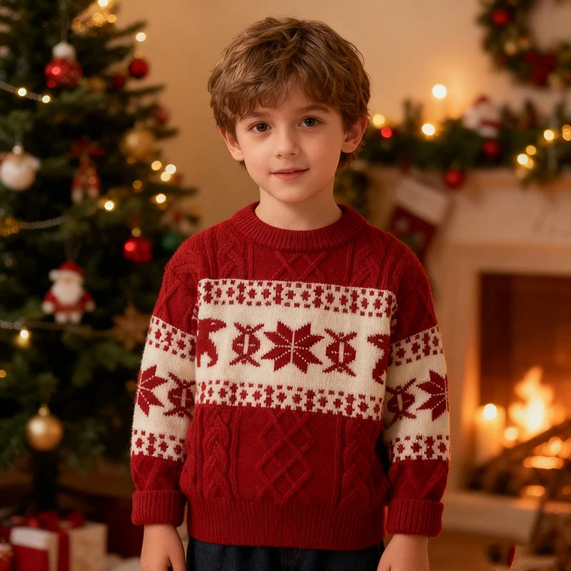 2025 Christmas Winter New Kids Sweater Christmas New Year Snowflake Knit Children Top Warm Pullover Sweater 1-6Yrs Boys Girls