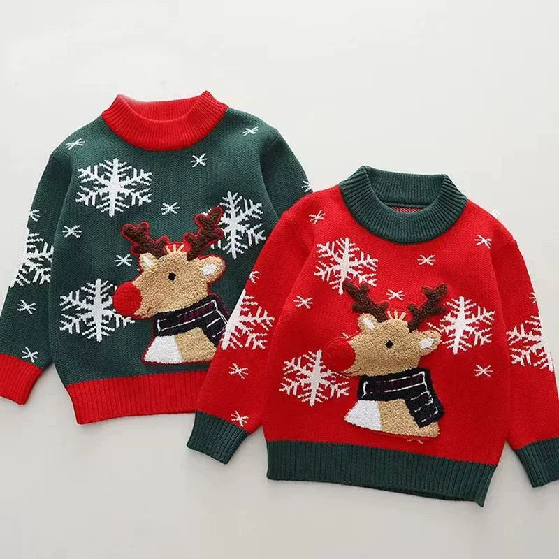 Christmas Warm Sweaters Kids Xmas Print Pullover Trendy Boys Girls Cartoon Snowflake Knitwear Winter Children's Knit Tops 2-6Y