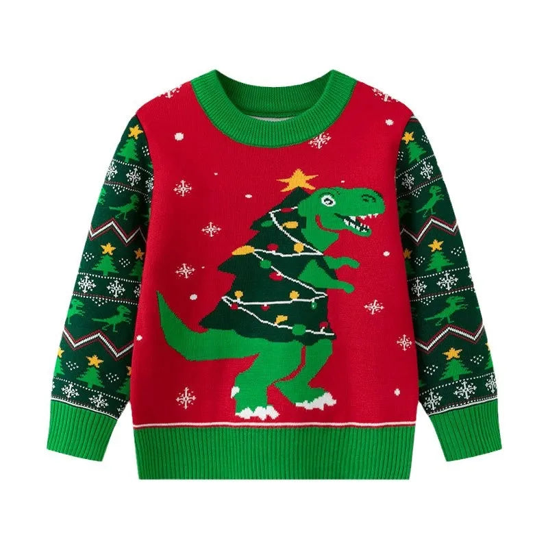 2025 Kids Boys Girls Pullover Christmas Sweater Winter Autumn Clothes Print Cute Cartoon Plush Green Warm Children Clothing 2-7Y